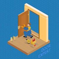Builder  Fixes a Door Handle. Isometric Interior Repairs. vector