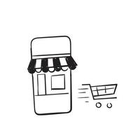 dibujado a mano doodle tienda en línea en móvil e ilustración de carrito de compras vector