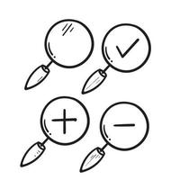 hand drawn magnifying glass icon with min, plus and check mark symbol inside isolated in doodle vector