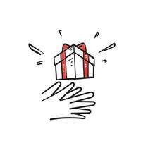 hand drawn doodle hand gives a gift box with a bow illustration vector