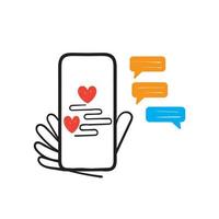 hand drawn mobile phone chat and heart symbol for long distance relationship illustration vector