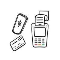 pago sin contacto dibujado a mano. concepto de terminal de pago de comunicación de campo cercano. transacciones en línea, paypass y nfc. en estilo doodle vector