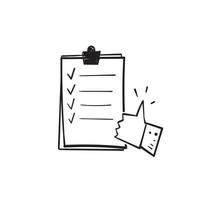 hand drawn doodle checklist document and thumb up illustration icon vector