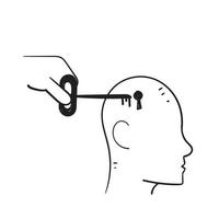 Dibujado a mano doodle cabeza humana con un símbolo de ojo de cerradura y llave para vector de concepto de mente abierta