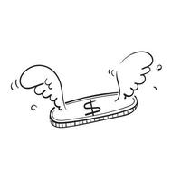 dibujado a mano doodle dólar dinero con alas ilustración vectorial vector