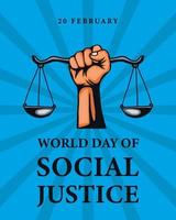 día mundial de la justicia social con la mano sujetando la balanza de la justicia. diseño de vector de cartel de banner