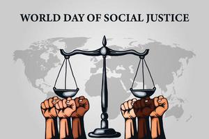 día mundial de la justicia social con la balanza de la justicia y las manos apretadas con diversidad de colores de piel vector