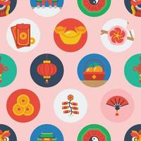 Seamless pattern of Chinese new year themed flat colored circular icons. vector