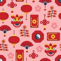 Lunar new year repeatable pattern of red and yellow icons on peach background. vector