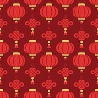 Seamless background of red Chinese lantern and knot ornament on dark red background. vector