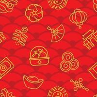 Seamless pattern of Chinese new year line icons on red wave background. vector