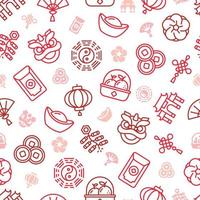 Red outline icons of Lunar New Year as repeatable pattern. vector