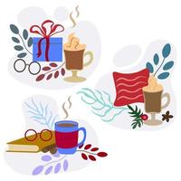 conjunto de tres plantillas para tarjetas de felicitación de feliz año nuevo. saludo hermoso y festivo. Objetos de comodidad: libro, almohada, caja con lazo, vasos y chocolate caliente. vector