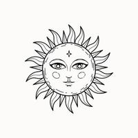 Line art of mystical esoteric decorative sun with face vector