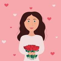 Cute woman holding a bouquet of flowers in hands. Spring holiday vector illustration. Cartoon romantic girl in white on pink background. International women day, Mom's Day, Valentine's Day, March 8