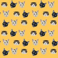 Cute cats portraits of different colours and breeds on yellow background. Vector hand drawn realistic seamless pattern. Graphics for cats lovers