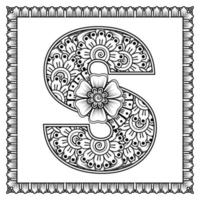 Letter S made of flowers in mehndi style. coloring book page. outline hand-draw vector illustration.