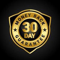 Emblema de vector de etiqueta de garantía de devolución de dinero de 30 días con esquema de color dorado