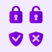 Security icon set, padlock and shield symbol vector illustration with purple color and 3d style