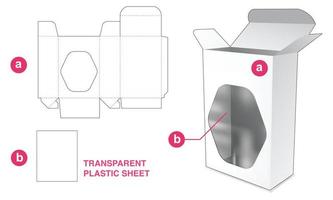 Cardboard packaging with hexagonal shaped window and plastic sheet die cut template vector