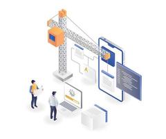 The discussion team builds smartphone application data with a crane vector