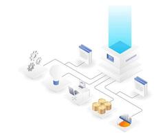 El servidor central en la nube tiene muchas sucursales de oficinas comerciales de inversión. vector