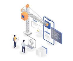 The discussion team builds smartphone application data with a crane vector