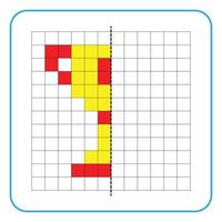 Picture reflection educational game for kids. Learn to complete symmetry worksheets for preschool activities. Coloring grid pages, visual perception and pixel art. Complete the trophy cup image. vector