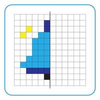 Picture reflection educational game for kids. Learn to complete symmetry worksheets for preschool activities. Coloring grid pages, visual perception and pixel art. Complete the bell image symbol. vector