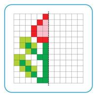 Picture reflection educational game for kids. Learn to complete symmetry worksheets for preschool activities. Coloring grid pages, visual perception and pixel art. Finish the leaves and flower buds. vector