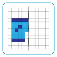 Picture reflection educational game for kids. Learn to complete symmetry worksheets for preschool activities. Coloring grid pages, visual perception and pixel art. Finish the blue short pants image. vector