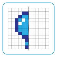 Picture reflection educational game for kids. Learn to complete symmetry worksheets for preschool activities. Coloring grid pages, visual perception and pixel art. Finished magnifying glass symbol. vector