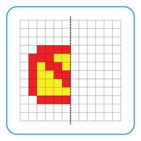 Picture reflection educational game for kids. Learn to complete symmetry worksheets for preschool activities. Coloring grid pages, visual perception and pixel art. Finish letter envelope icon symbol. vector