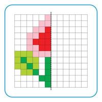 Picture reflection educational game for kids. Learn to complete symmetry worksheets for preschool activities. Coloring grid pages, visual perception and pixel art. Finish the leaves and flower buds. vector