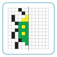 Picture reflection educational game for kids. Learn to complete symmetry worksheets for preschool activities. Coloring grid pages, visual perception and pixel art. Complete the green insect image. vector