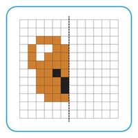Picture reflection educational game for kids. Learn to complete symmetry worksheets for preschool activities. Coloring grid pages, visual perception and pixel art. Finish the brown koala face image. vector