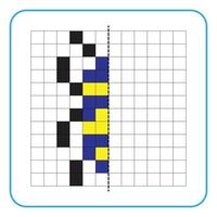 Picture reflection educational game for kids. Learn to complete symmetry worksheets for preschool activities. Coloring grid pages, visual perception and pixel art. Complete the blue insect image. vector