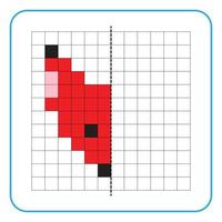 Juego educativo de reflexión de imagen para niños. aprender a completar hojas de trabajo de simetría para actividades preescolares. colorear páginas de cuadrícula, percepción visual y pixel art. completa la imagen de la cara del zorro rojo. vector