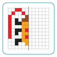 Picture reflection educational game for kids. Learn to complete symmetry worksheets for preschool activities. Coloring grid pages, visual perception and pixel art. Finish the long antennae insect. vector