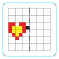 Picture reflection educational game for kids. Learn to complete symmetry worksheets for preschool activities. Coloring grid pages, visual perception and pixel art. Complete the love glasses image. vector