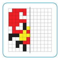 Picture reflection educational game for kids. Learn to complete symmetry worksheets for preschool activities. Coloring grid pages, visual perception and pixel art. Complete the red claw crab image. vector