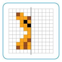 Picture reflection educational game for kids. Learn to complete symmetry worksheets for preschool activities. Coloring grid pages, visual perception and pixel art. Finish the image of the stuffed dog. vector