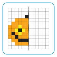 Picture reflection educational game for kids. Learn to complete symmetry worksheets for preschool activities. Coloring grid pages, visual perception and pixel art. Complete the halloween pumpkin. vector