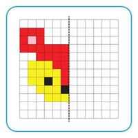 Picture reflection educational game for kids. Learn to complete symmetry worksheets for preschool activities. Coloring grid pages, visual perception and pixel art. Complete the squirrel's face. vector