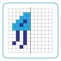 Picture reflection educational game for kids. Learn to complete symmetry worksheets for preschool activities. Coloring grid pages, visual perception and pixel art. Complete the blue jellyfish image. vector