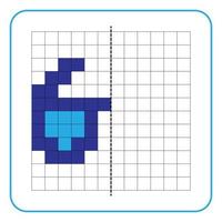 Juego educativo de reflexión de imagen para niños. aprender a completar hojas de trabajo de simetría para actividades preescolares. colorear páginas de cuadrícula, percepción visual y pixel art. Completa la imagen de las gafas azules. vector