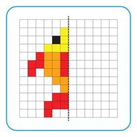 Picture reflection educational game for kids. Learn to complete symmetry worksheets for preschool activities. Coloring grid pages, visual perception and pixel art. Complete the goldfish image. vector