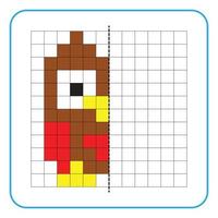 Picture reflection educational game for kids. Learn to complete symmetry worksheets for preschool activities. Coloring grid pages, visual perception and pixel art. Complete the owl image. vector