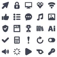 conjunto de iconos web ui - ilustración vectorial. ui, web, flecha, cursor, mouse, wifi, música, diamante, privacidad, seguridad, protección, chat, mensaje, revertir, deshacer, artículos, íconos. vector