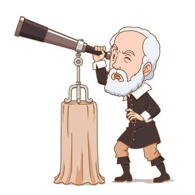 Cartoon character of Galileo the astronomer.